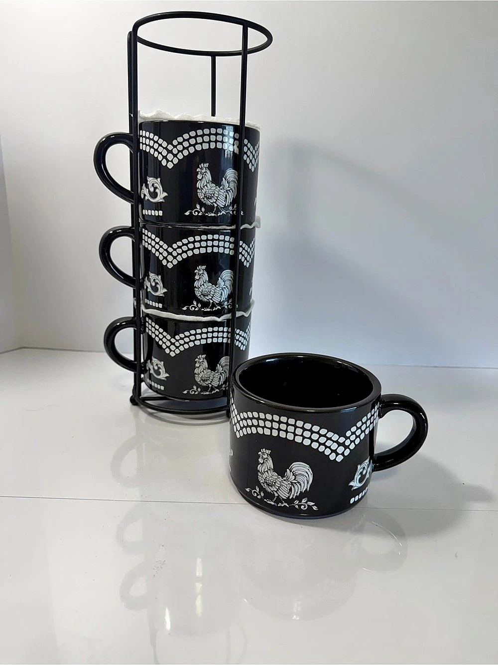 Rare Temp-tations Doodle Doo Black Stacking Mugs Set of 4 with Metal Rack NWOB